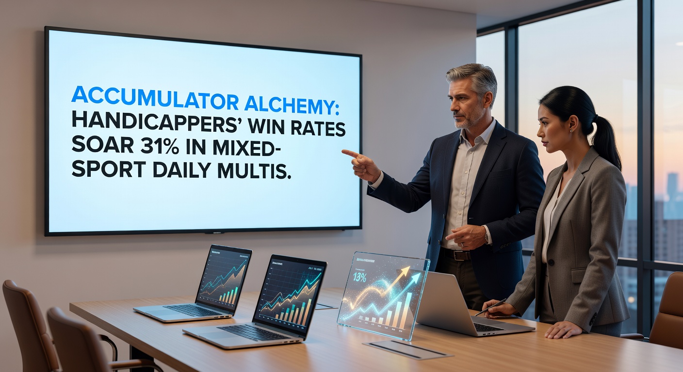 Close-up of a handicapper's dashboard displaying live mixed-sport multi builds, with odds calculators and real-time stats for football, tennis, and basketball legs