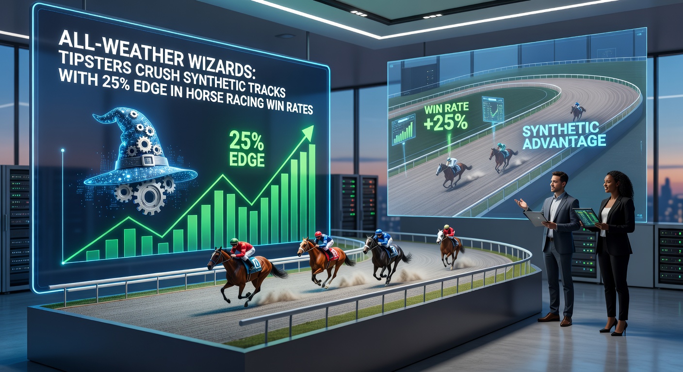 Close-up of a horse powering down a synthetic straight, with inset charts displaying tipster win streaks and ROI curves