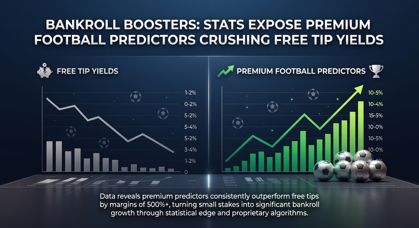 Line graph illustrating bankroll growth curves for premium versus free tip followers from January 2025 to March 2026, with premium line steeply ascending