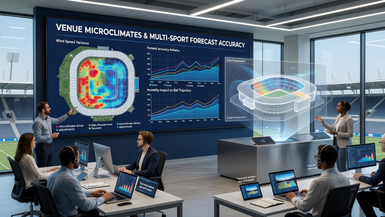 Analyst reviewing microclimate data overlays on multi-sport forecasting dashboard during evening session