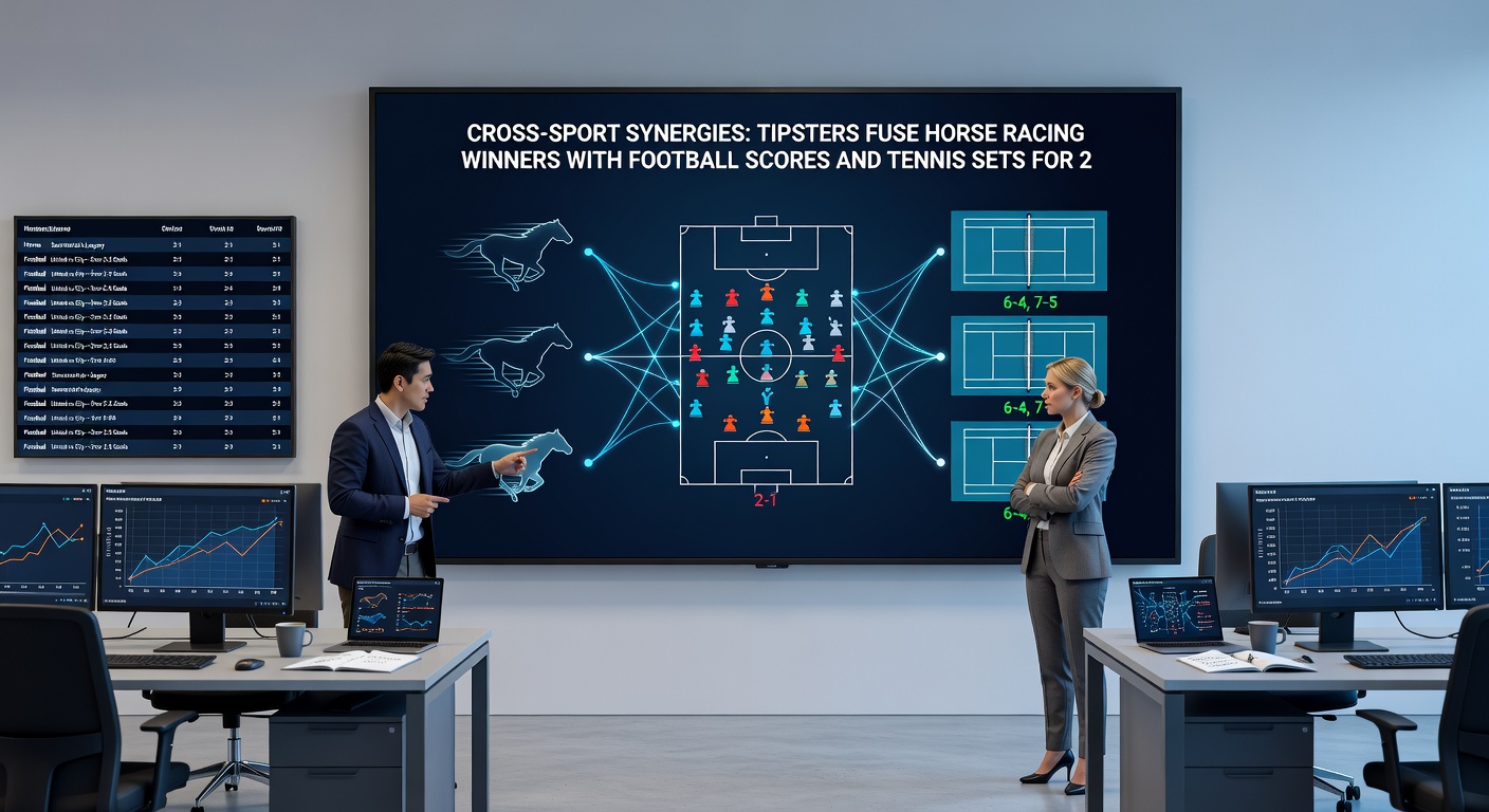 Football pitch overlaid with horse racing tracks and tennis nets, illustrating cross-sport accumulator strategies