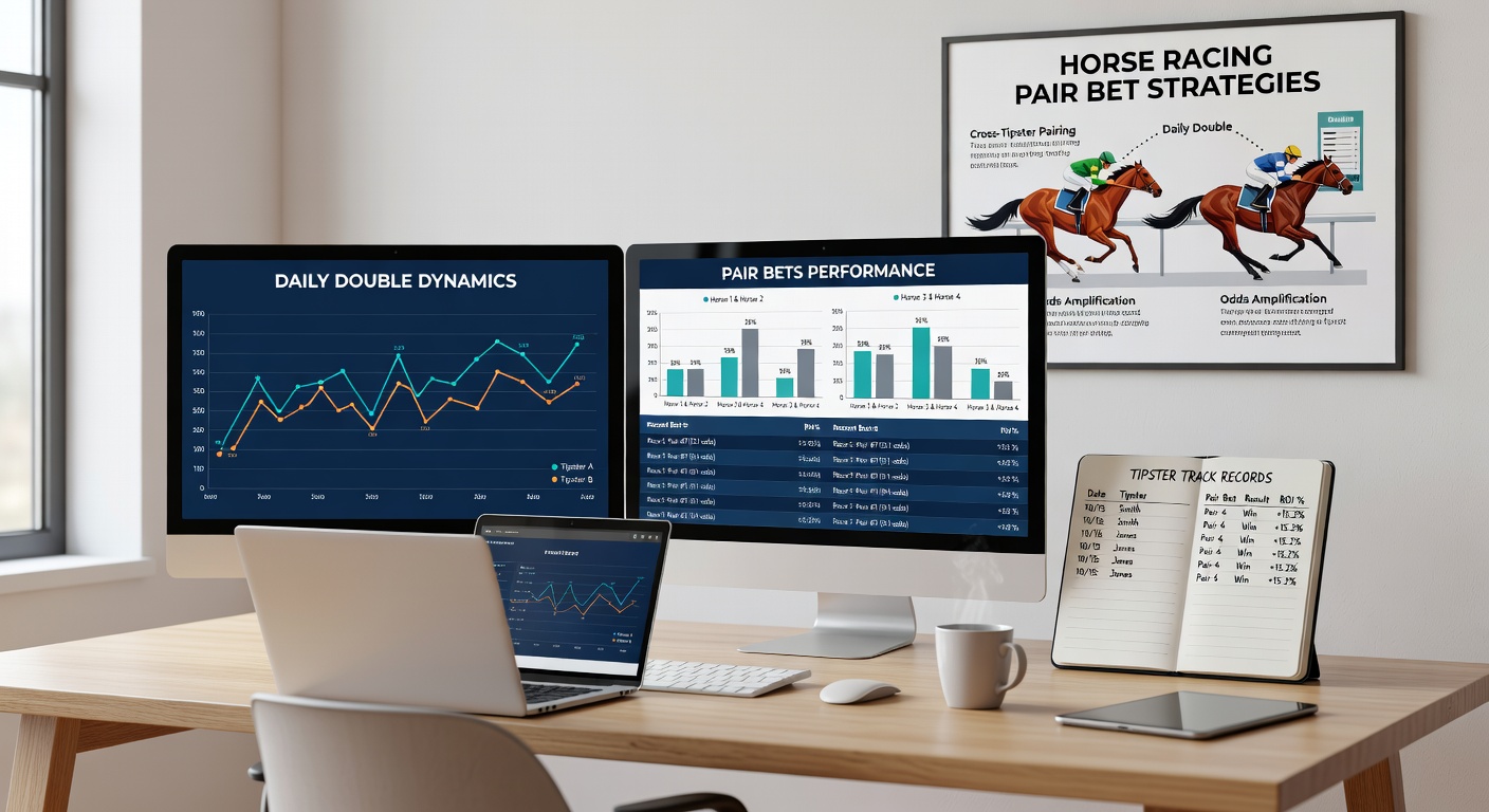 Close-up of a tipster's notebook filled with horse racing data, highlighted daily double picks, and performance charts glowing on a laptop screen