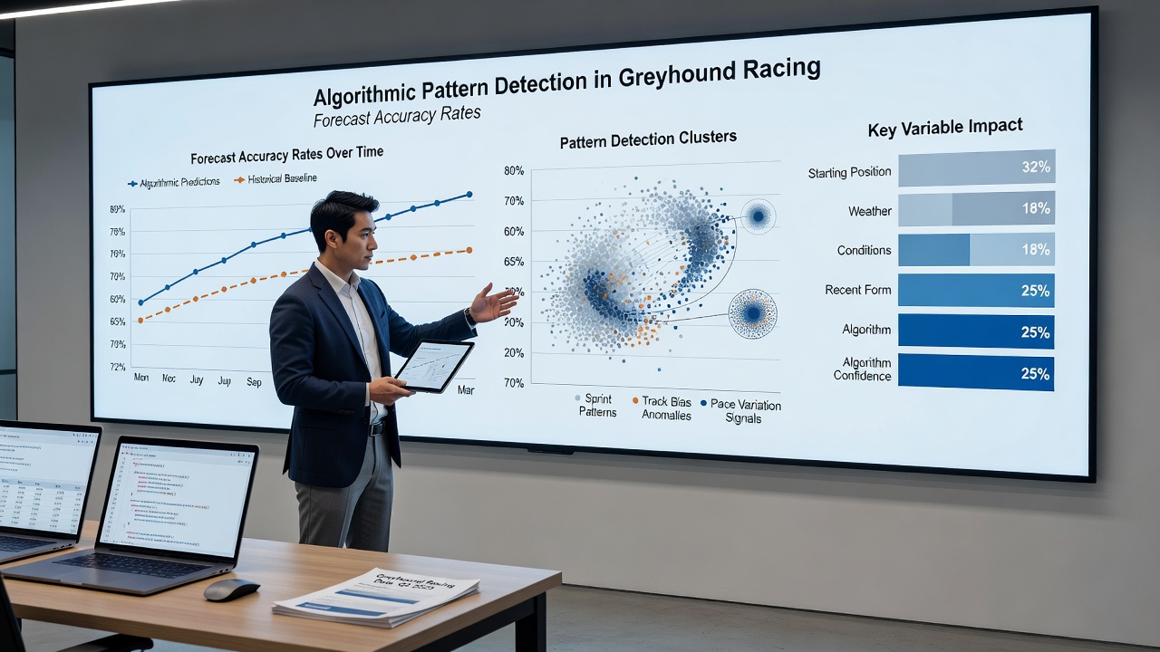 Chart comparing forecast accuracy rates for greyhound racing across grass and synthetic tracks using algorithmic detection