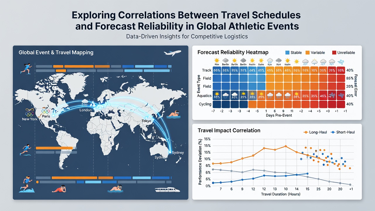 Weather forecast displays and travel itinerary charts overlaid on a map of global athletic event locations