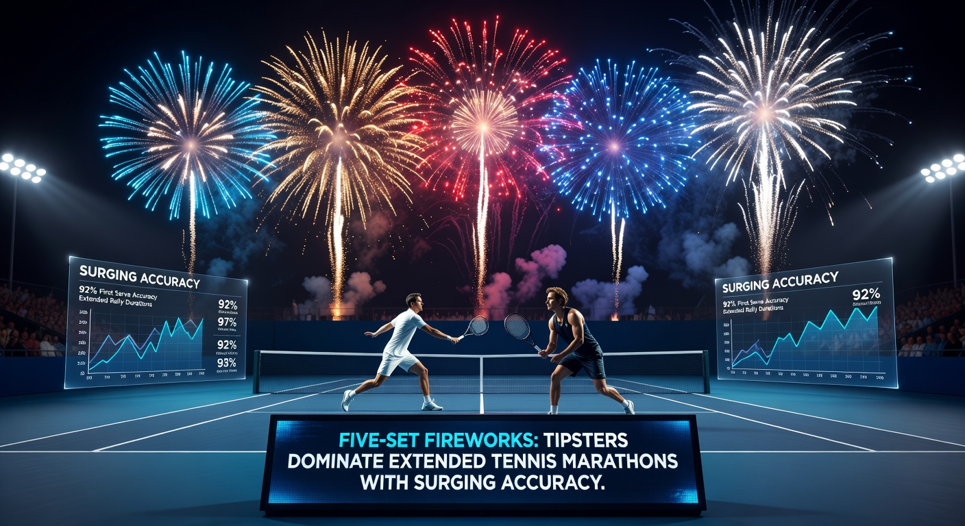 Sweaty tennis players embracing after a marathon five-set victory, crowd roaring in background