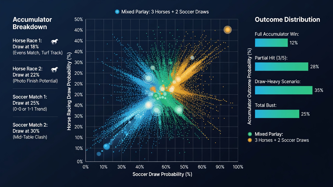 Detailed probability matrix showing interactions between soccer draw rates and horse racing outcomes in accumulator structures