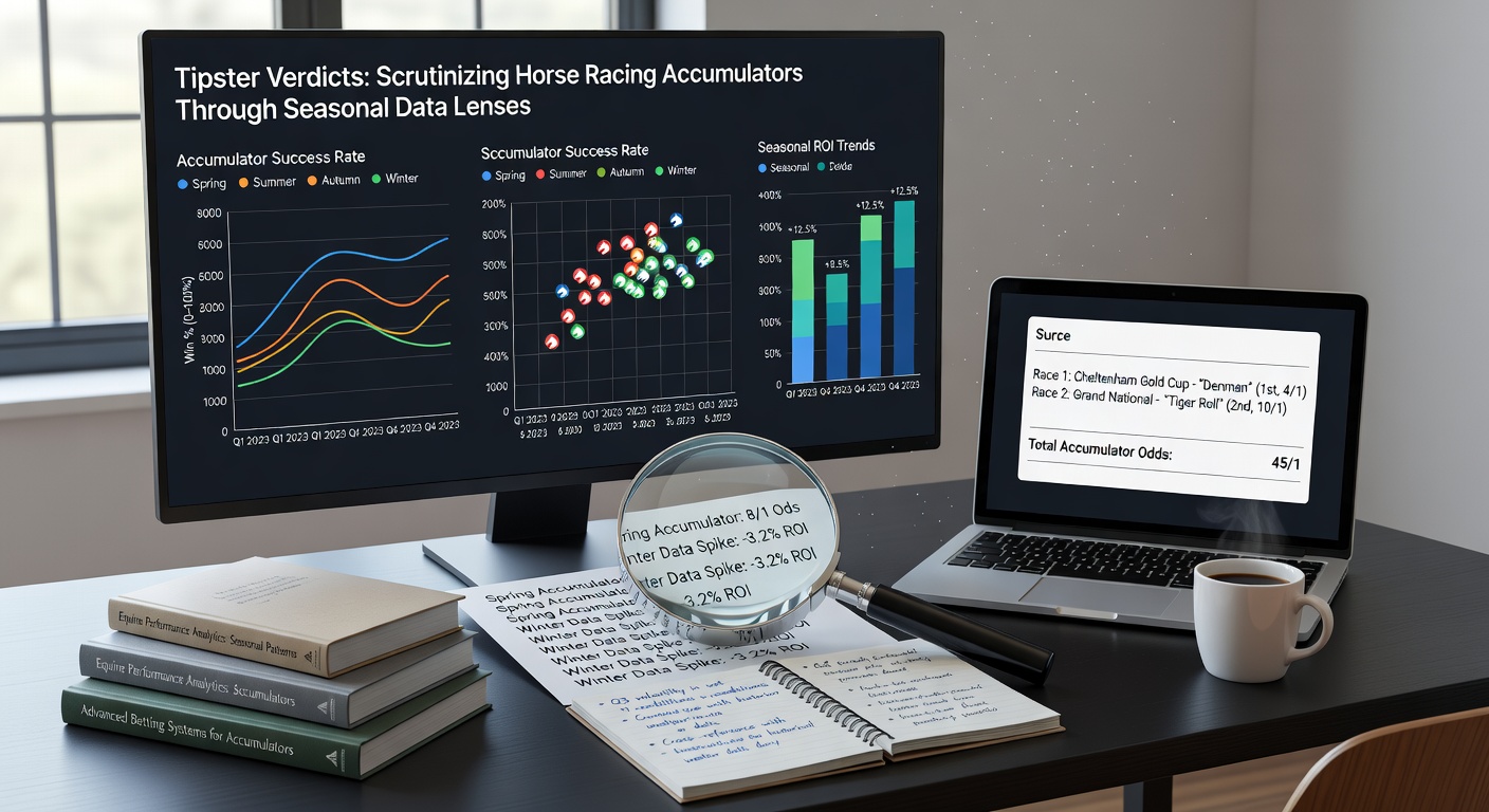 Close-up of a tipster dashboard displaying seasonal accumulator ROI graphs, with peaks in summer flats and valleys in winter jumps, annotated with key race festival markers