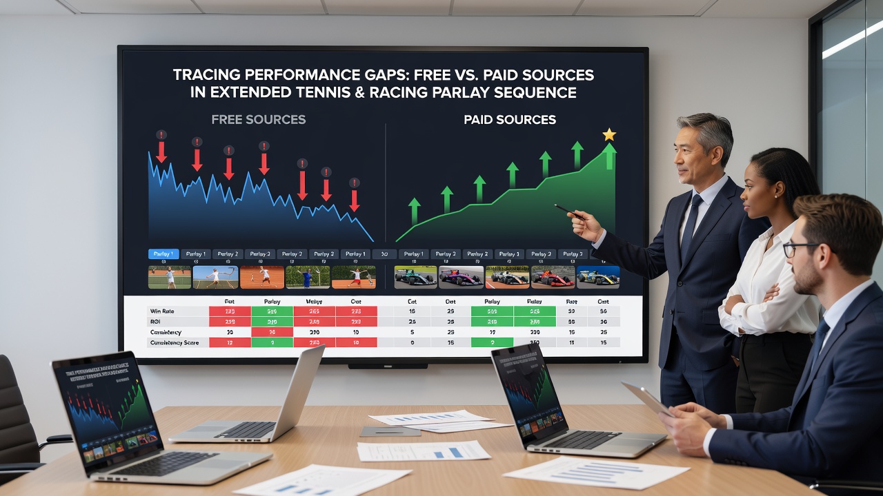 Graph illustrating cumulative return percentages for free and paid sources across increasing numbers of legs in tennis and racing parlays